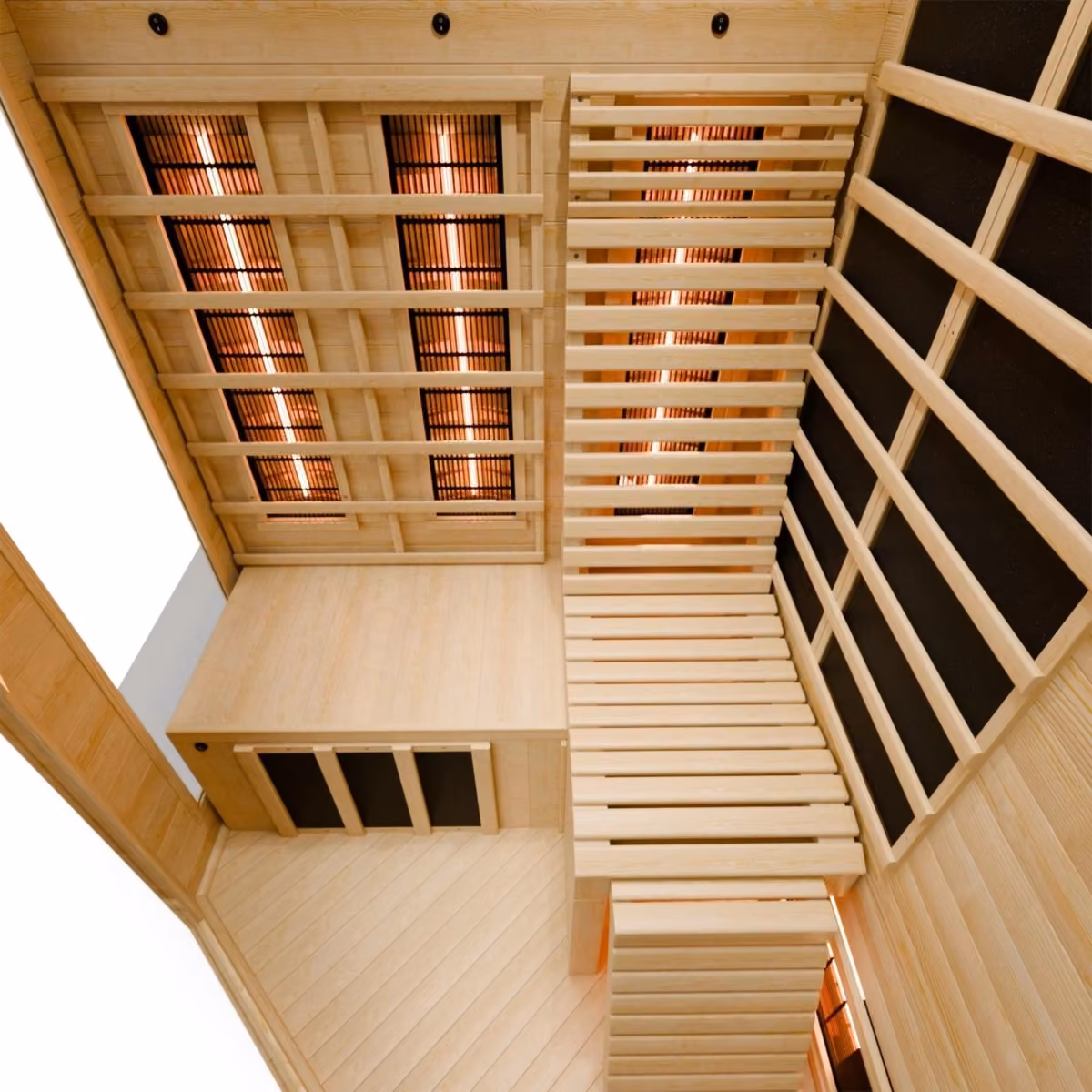 Artsauna Aalborg Infrarotkabine, Innenansicht von oben mit Strahlern