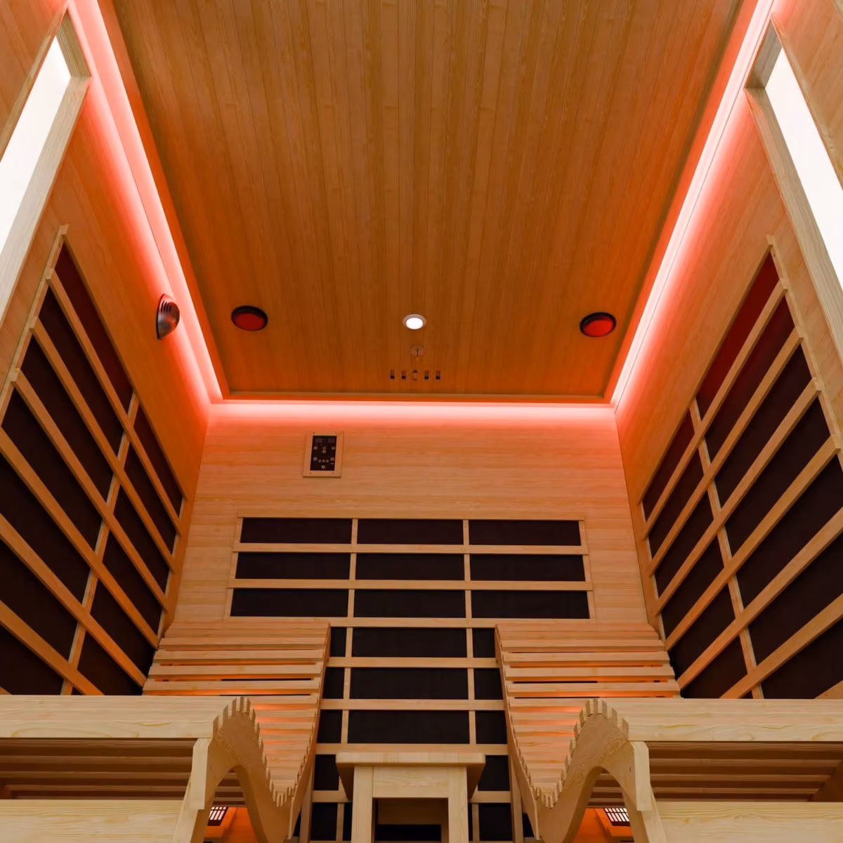 Artsauna Billund Infrarotkabine, Innenansicht mit Liegen und LED-Licht