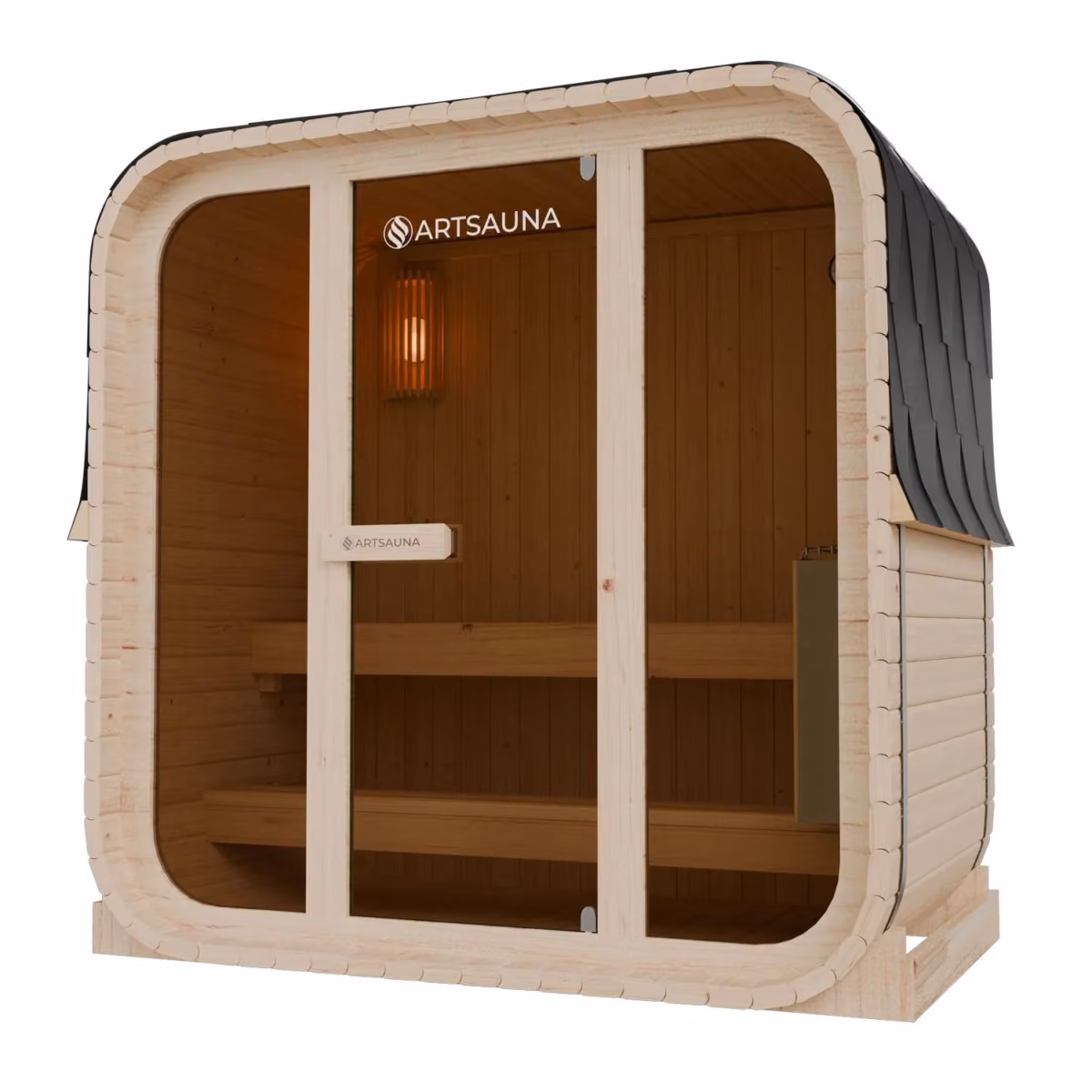 Artsauna Cube-Fasssauna Fjora M mit Panorama-Glasfront, Schrägansicht