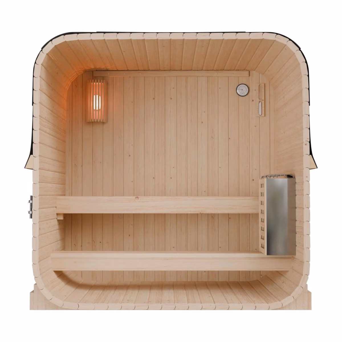 Artsauna Cube-Fasssauna Fjora M, Innenansicht mit Bänken und Saunaofen