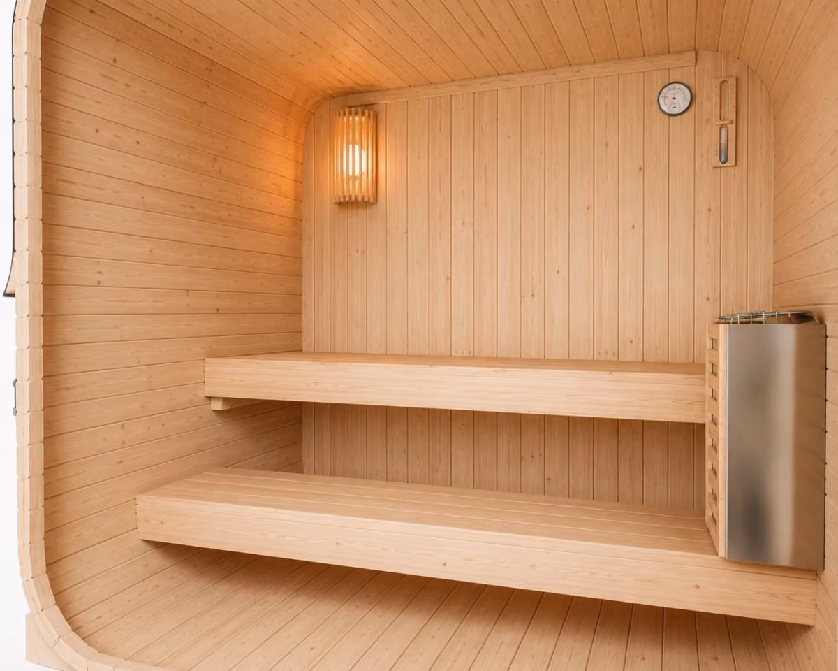 Artsauna Cube-Fasssauna Fjora M, Innenraum mit Lampenhalterung, Thermo-Hygrometer und Saunaofen