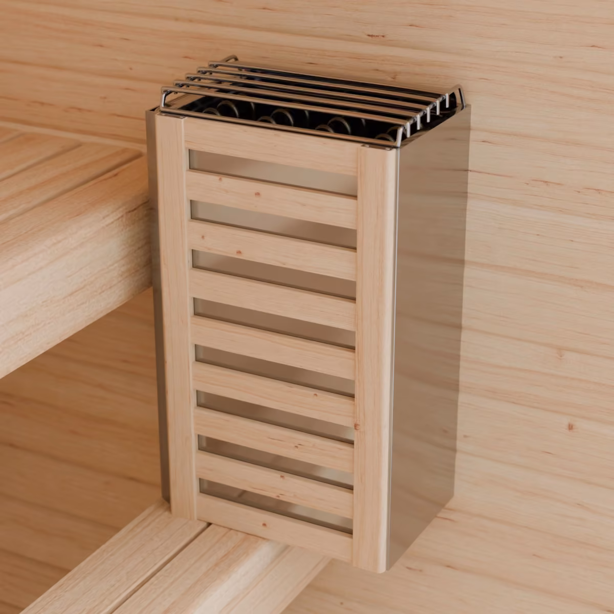 Artsauna Cube-Fasssauna Fjora M, Saunaofen mit Holzschutzgitter, Detailansicht
