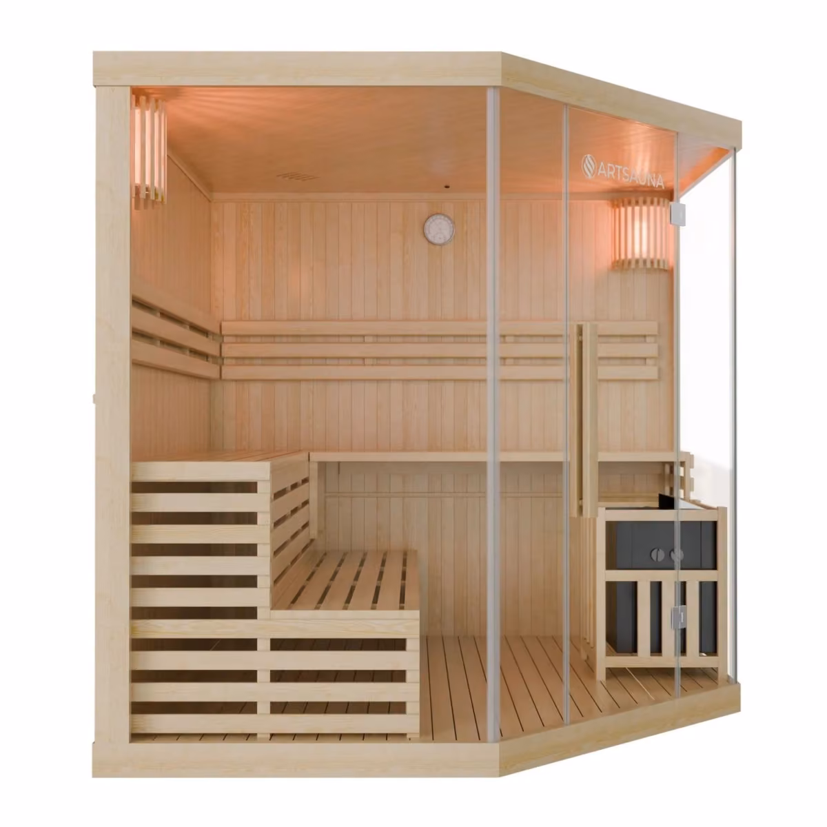 Artsauna Espoo 200 Premium Saunakabine, Schrägansicht mit Eckeinstieg