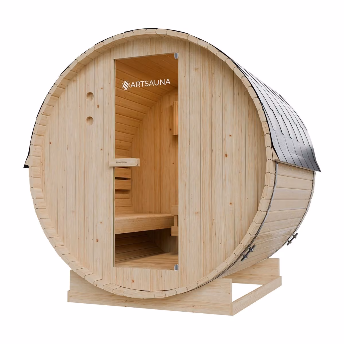 Artsauna Fasssauna Spitzbergen 180 für 4 Personen, Schrägansicht