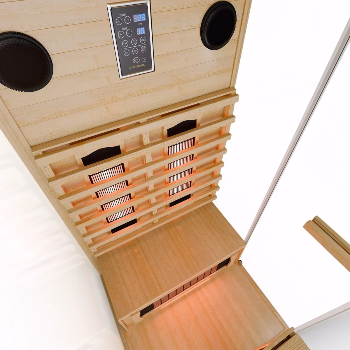 Artsauna Göteborg 90 Infrarotkabine, Innenansicht mit Bedienpanel und Lautsprechern