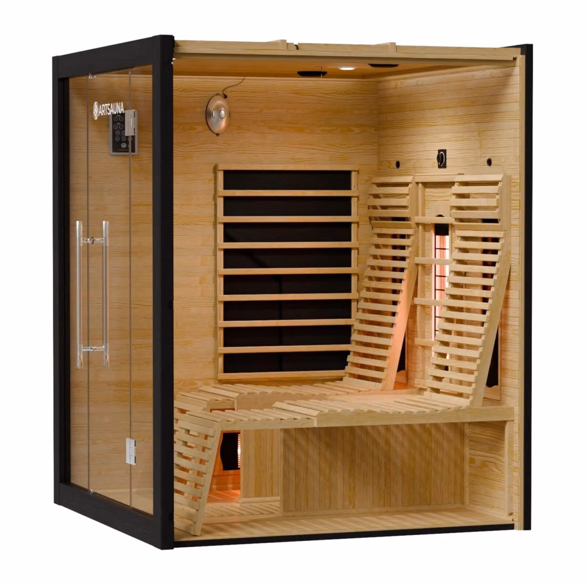 Artsauna Helsinki 150 Infrarotkabine in Schwarz, Schrägansicht mit Sitzbank und Liegen