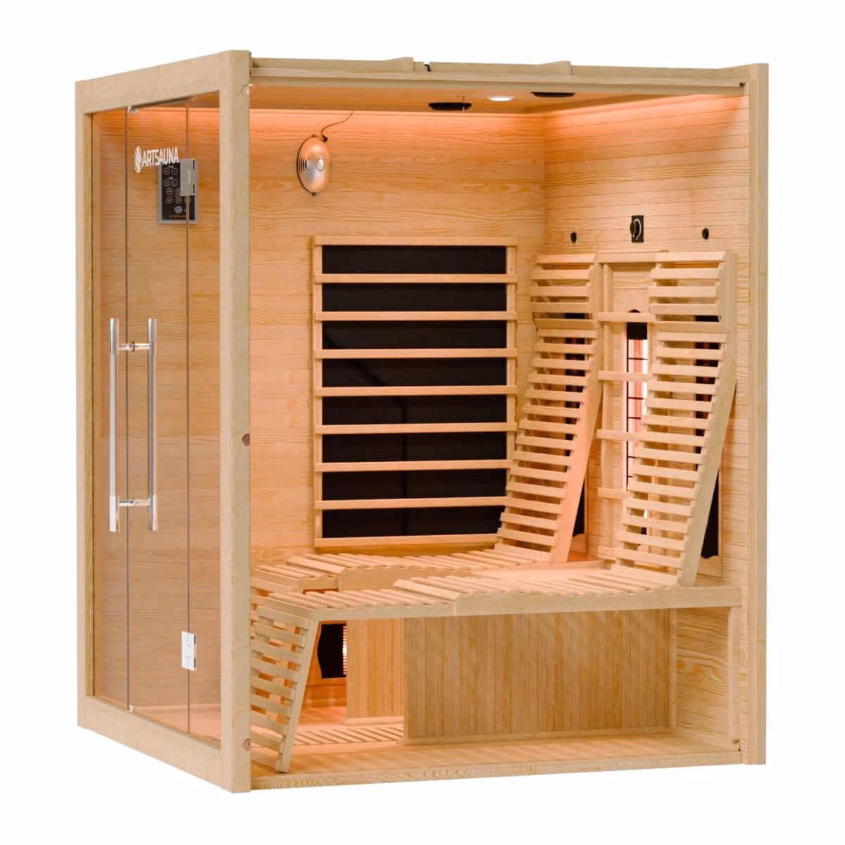Artsauna Helsinki 150 Infrarotkabine, Schrägansicht mit Sitzbank und Liegen
