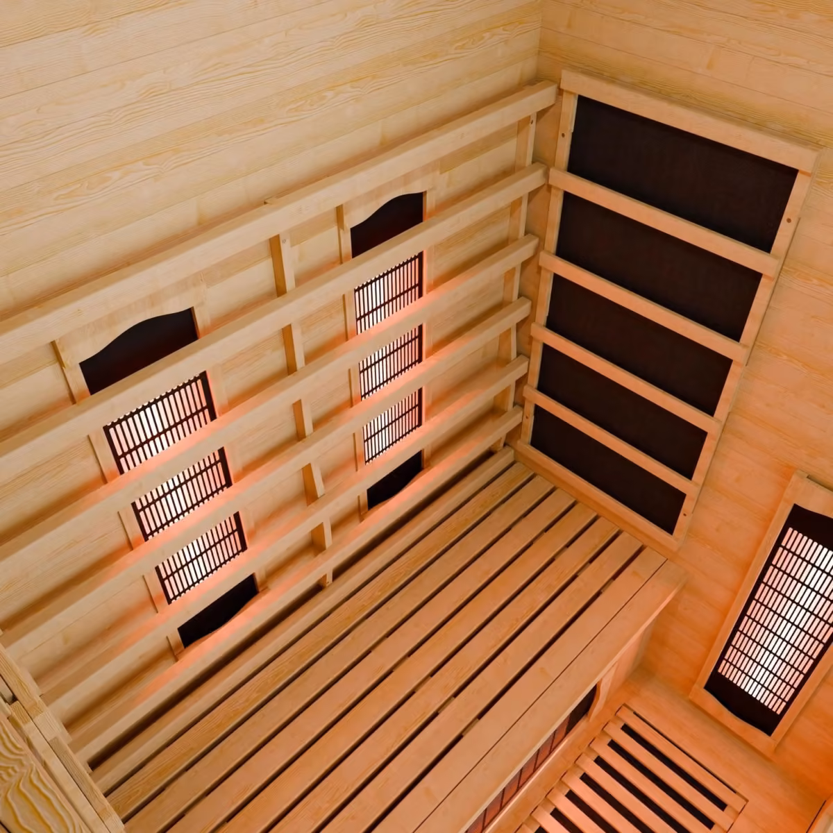 Artsauna Kiruna 120 Infrarotkabine, Innenansicht mit Strahlern und Sitzbank