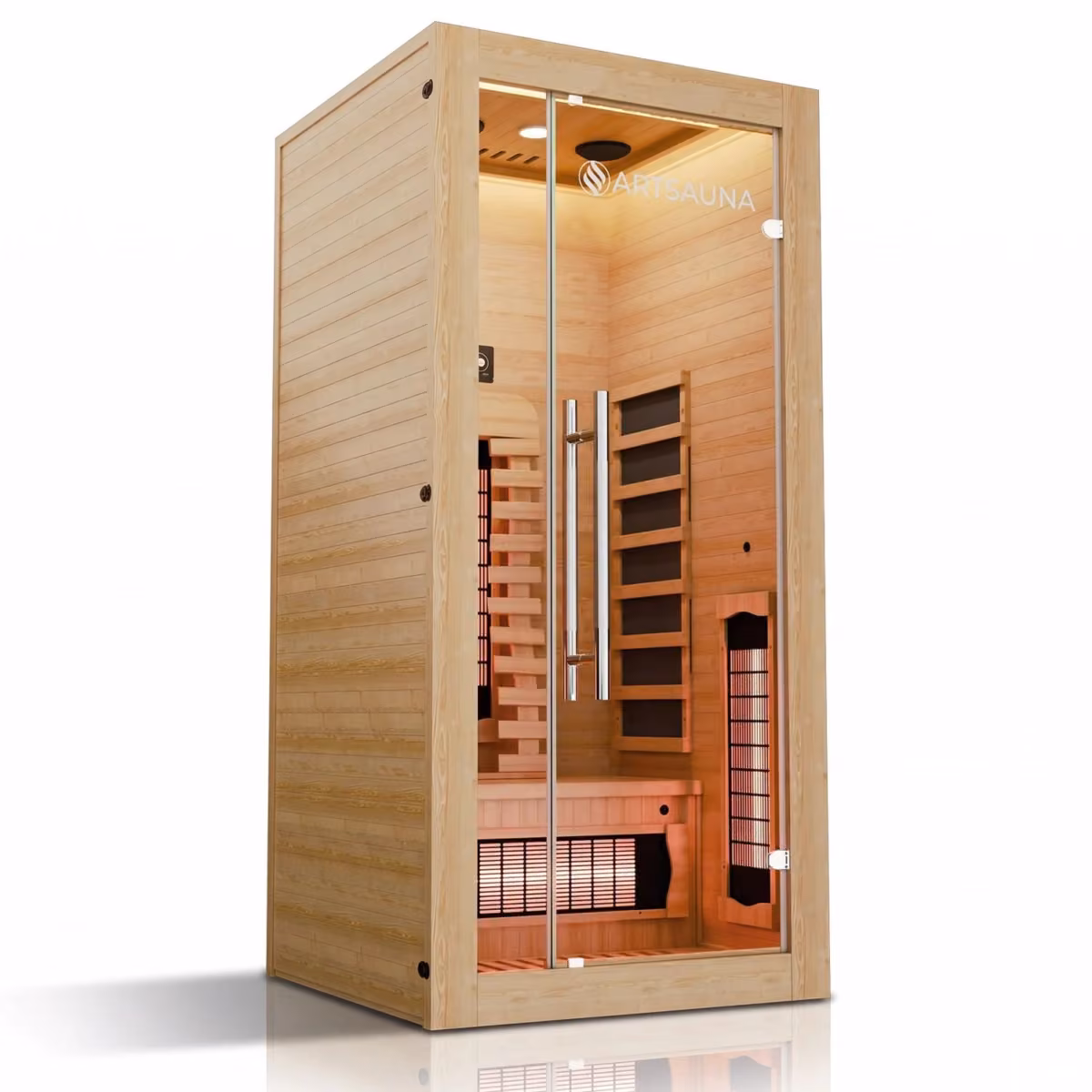 Artsauna Kiruna 90 Premium Infrarotkabine, Schrägansicht mit Glastür