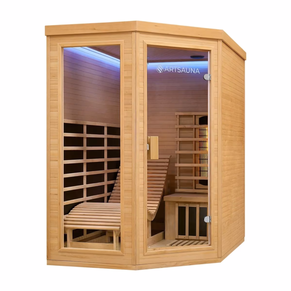 Artsauna Kolding Infrarotkabine, Schrägansicht mit Glasfront