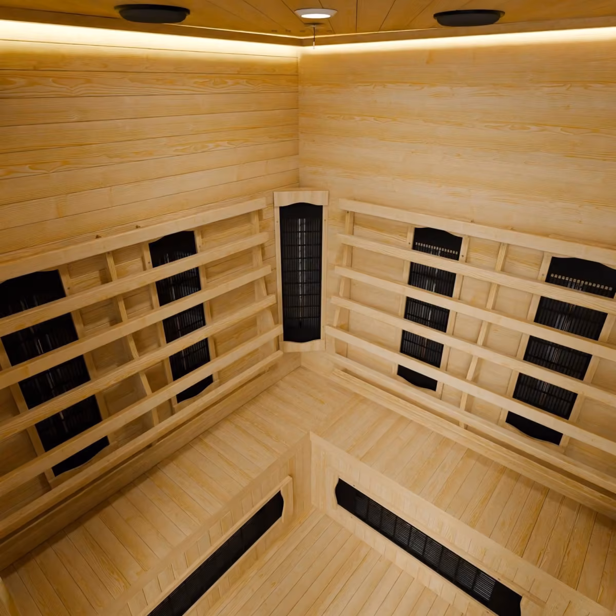 Artsauna Nyborg E150K Eck-Infrarotkabine, Innenansicht mit Keramikstrahlern