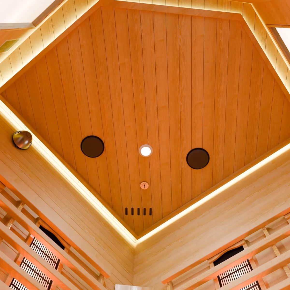 Artsauna Nyborg E150V Eck-Infrarotkabine, Deckenansicht mit Beleuchtung