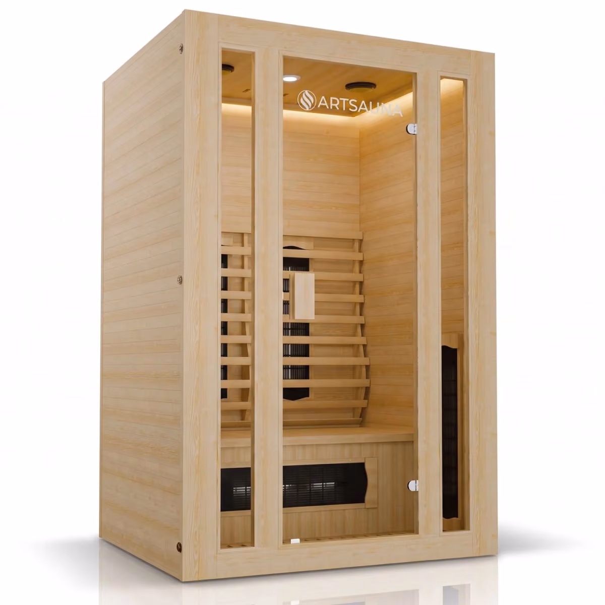Artsauna Nyborg S120K Infrarotkabine, Schrägansicht mit Glastür