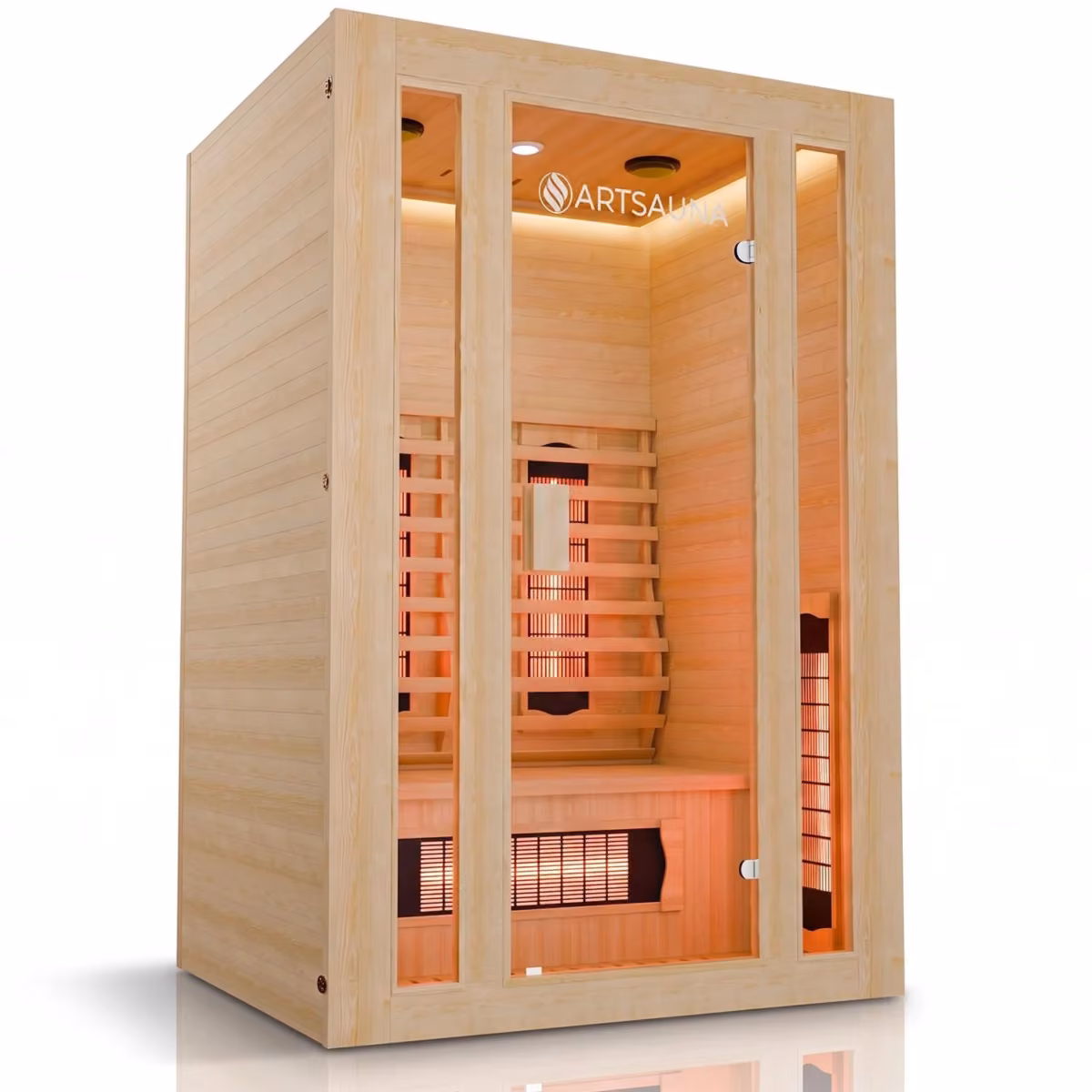 Artsauna Nyborg S120V Infrarotkabine, Schrägansicht mit Glastür