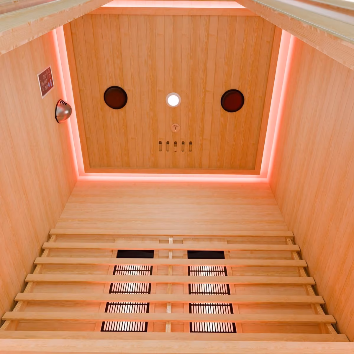 Artsauna Nyborg S120V Infrarotkabine, Innenansicht mit Deckenbeleuchtung