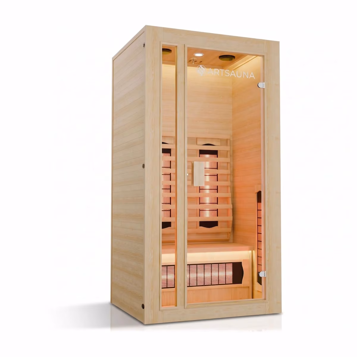Artsauna Nyborg S90V Infrarotkabine, Schrägansicht mit Glastür
