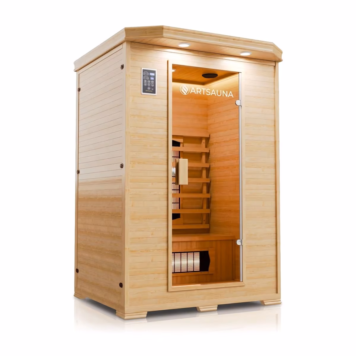 Artsauna Oslo Infrarotkabine, Schrägansicht mit Glastür