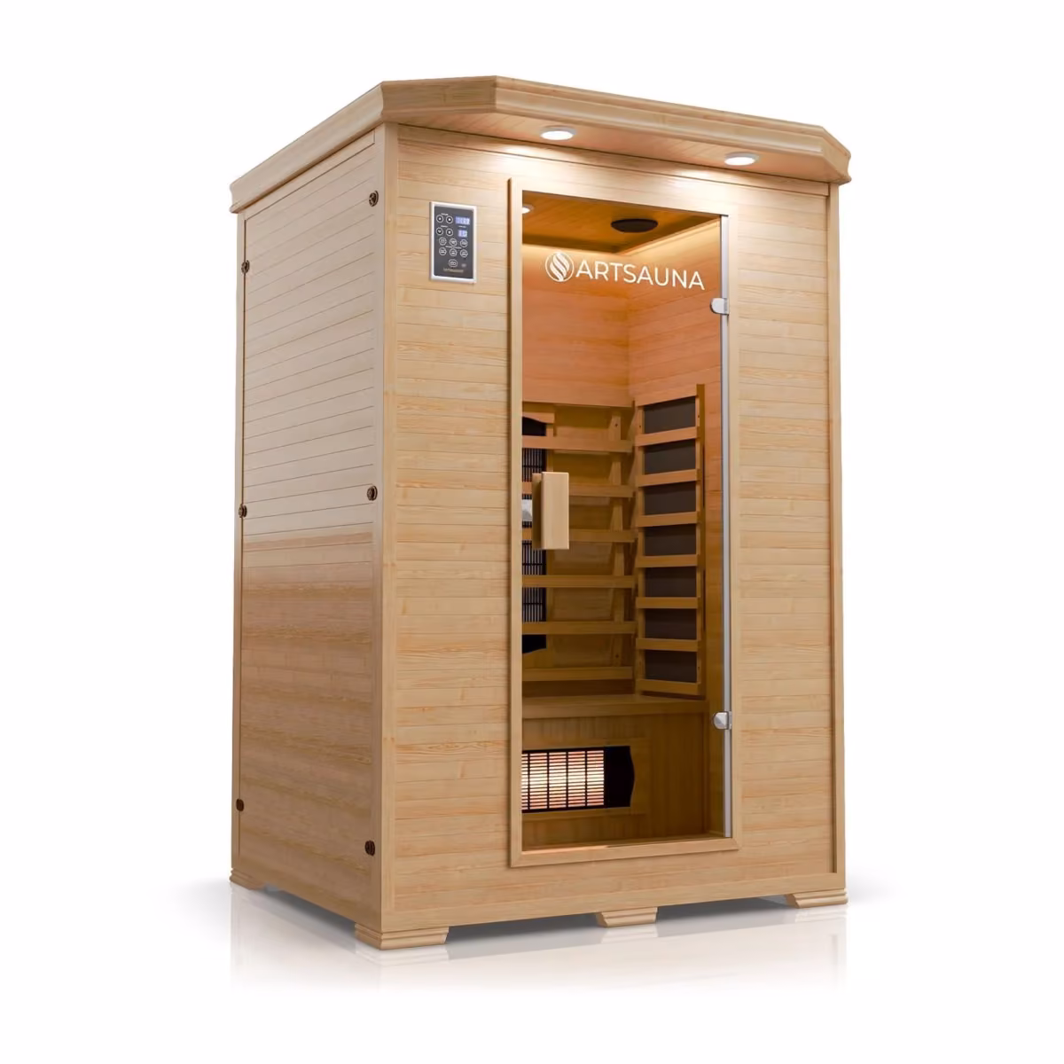 Artsauna Oslo Triplex Infrarotkabine, Schrägansicht mit Glastür