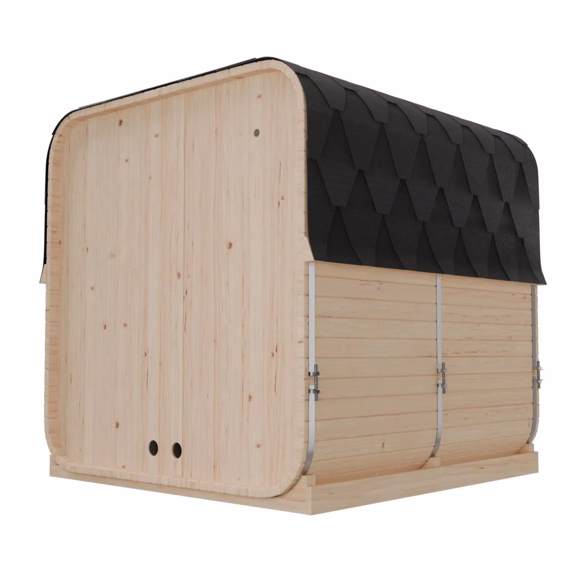 Artsauna quadratische Fasssauna Nolvik XL, Rückansicht mit Schindeldach und Spannbändern