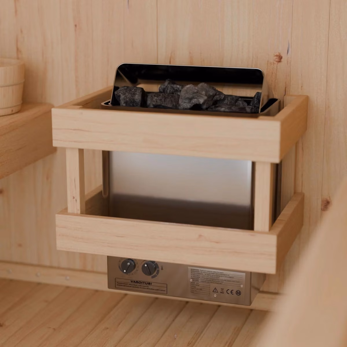 Artsauna quadratische Fasssauna Nolvik XL, Saunaofen mit Ofenschutz und Saunasteinen