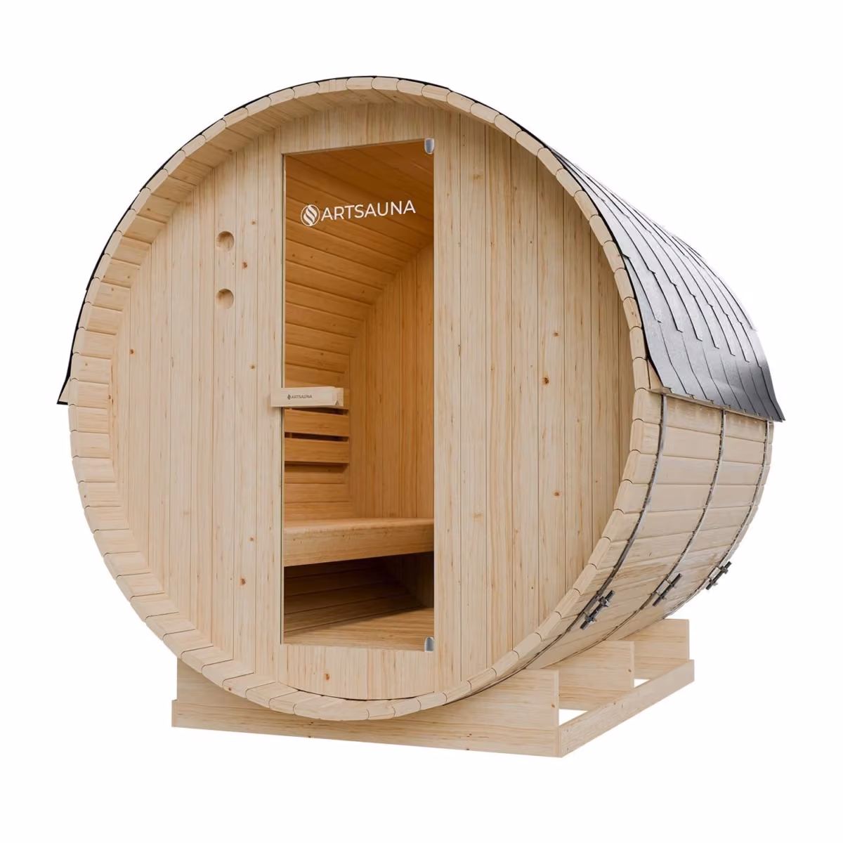 Artsauna Fasssauna Spitzbergen 220, Schrägansicht