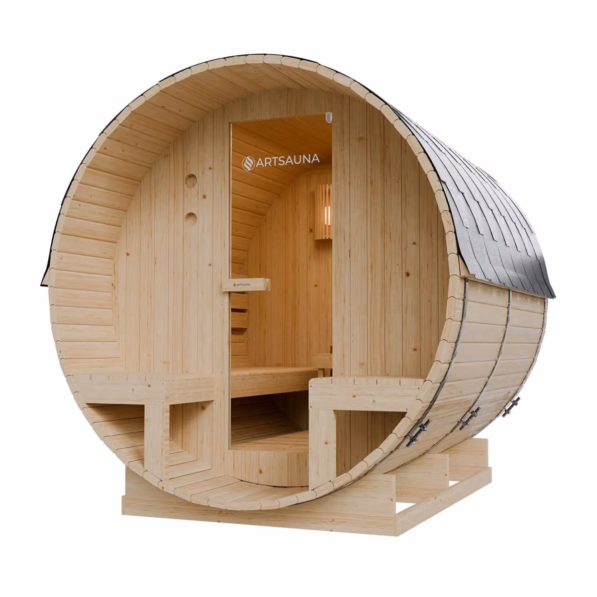 Artsauna Fasssauna Spitzbergen 220 mit zwei Außenbänken, Schrägansicht