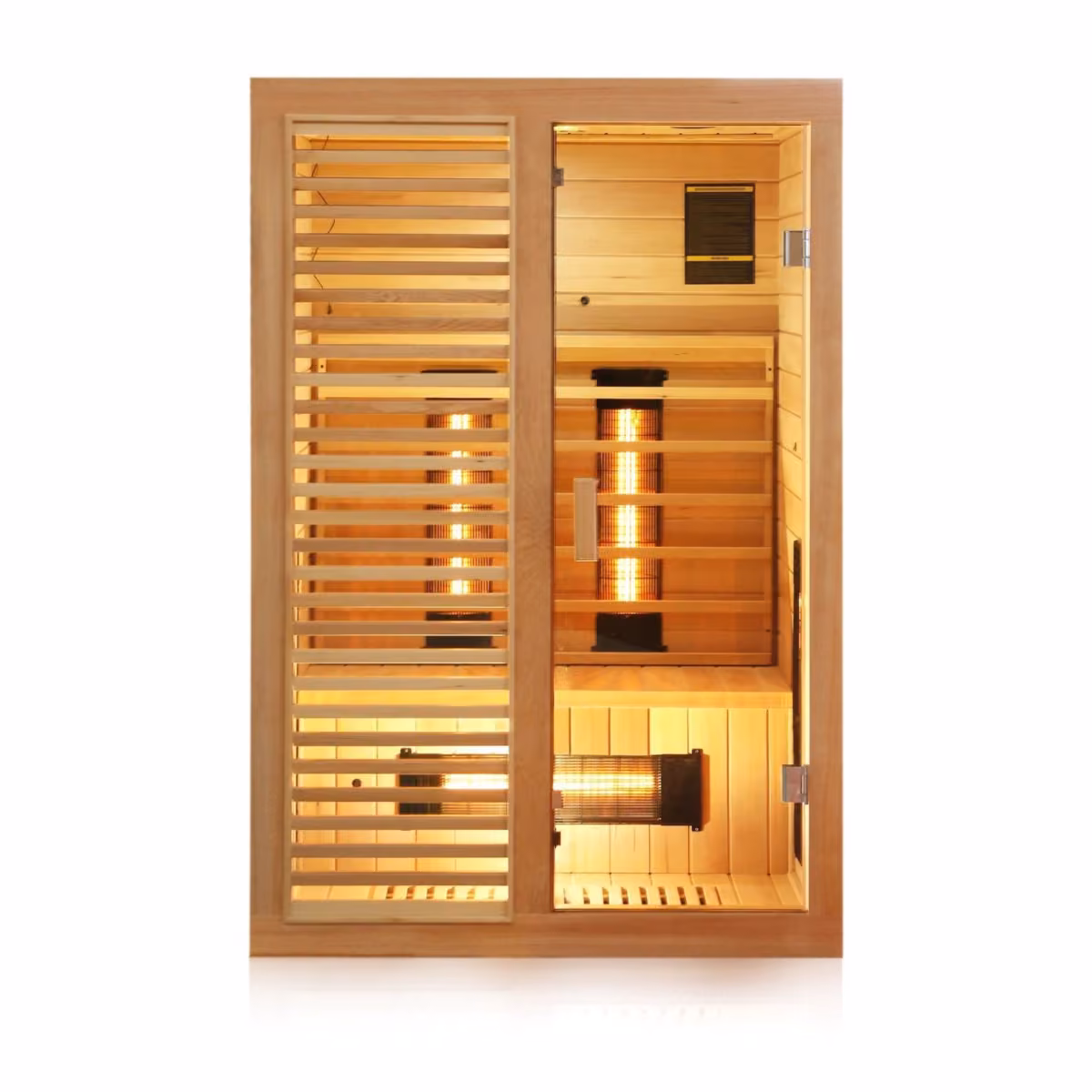 Dewello Hamlin 130 Infrarotkabine, Frontansicht mit Holzgitter