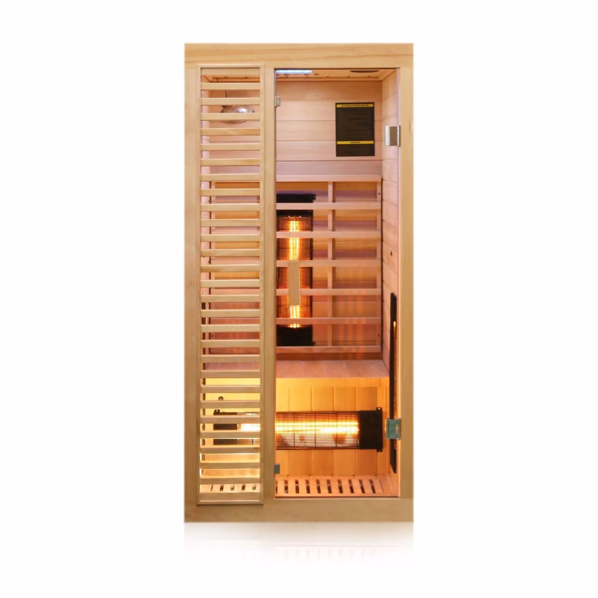 Dewello Hamlin 90 Infrarotkabine, Frontansicht mit Holzgitter
