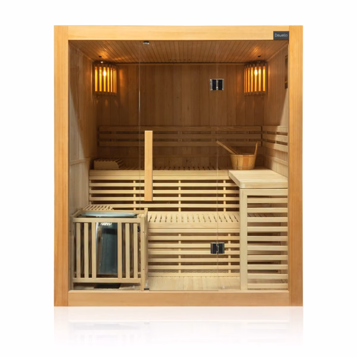 Dewello Sarnia Sauna 180 × 140, Frontansicht mit Saunaofen und Bänken