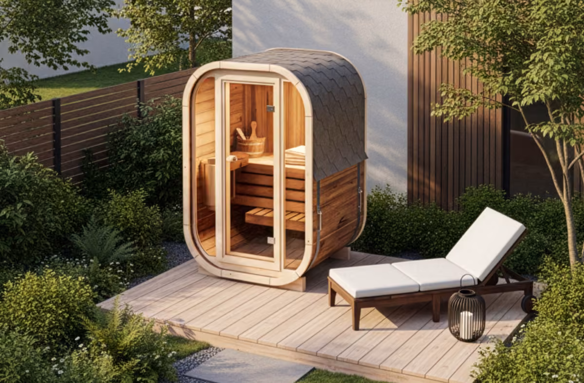 FinnTherm Fasssauna Ellipso S auf einer Holzterrasse im Garten (Rendering)