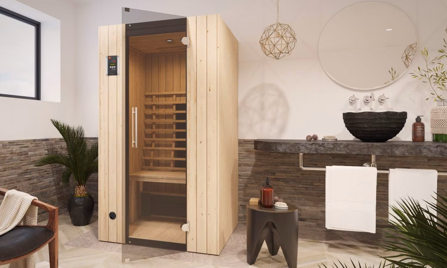 Infrarotkabine Weka Tanilla 1 in einem hellen Badezimmer neben einem Waschtisch mit Steinschale, Hocker und Zimmerpalme