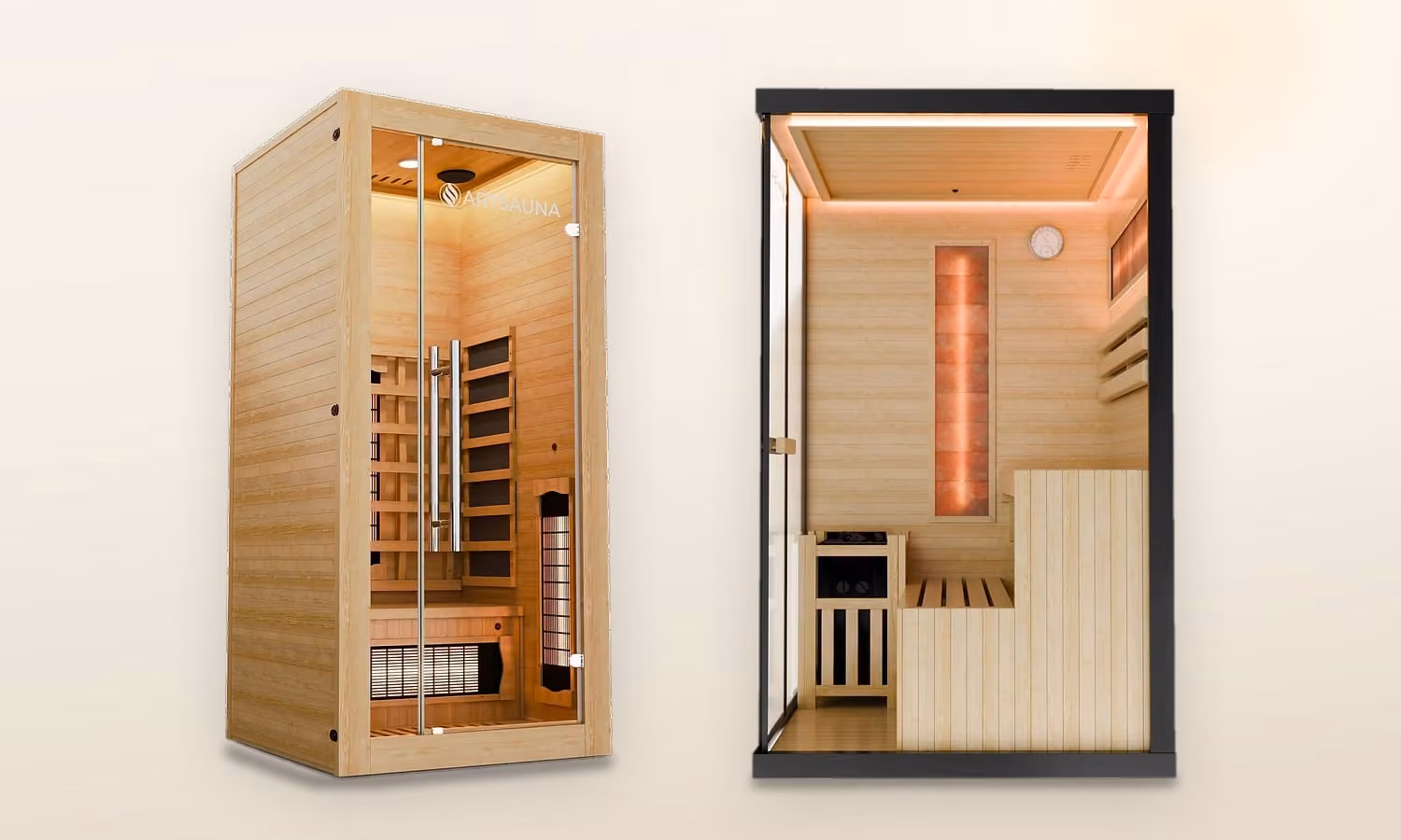 Infrarotkabine Artsauna Kiruna 90 Dual neben der Sauna Artsauna Vantaa 120 auf hellem Grund