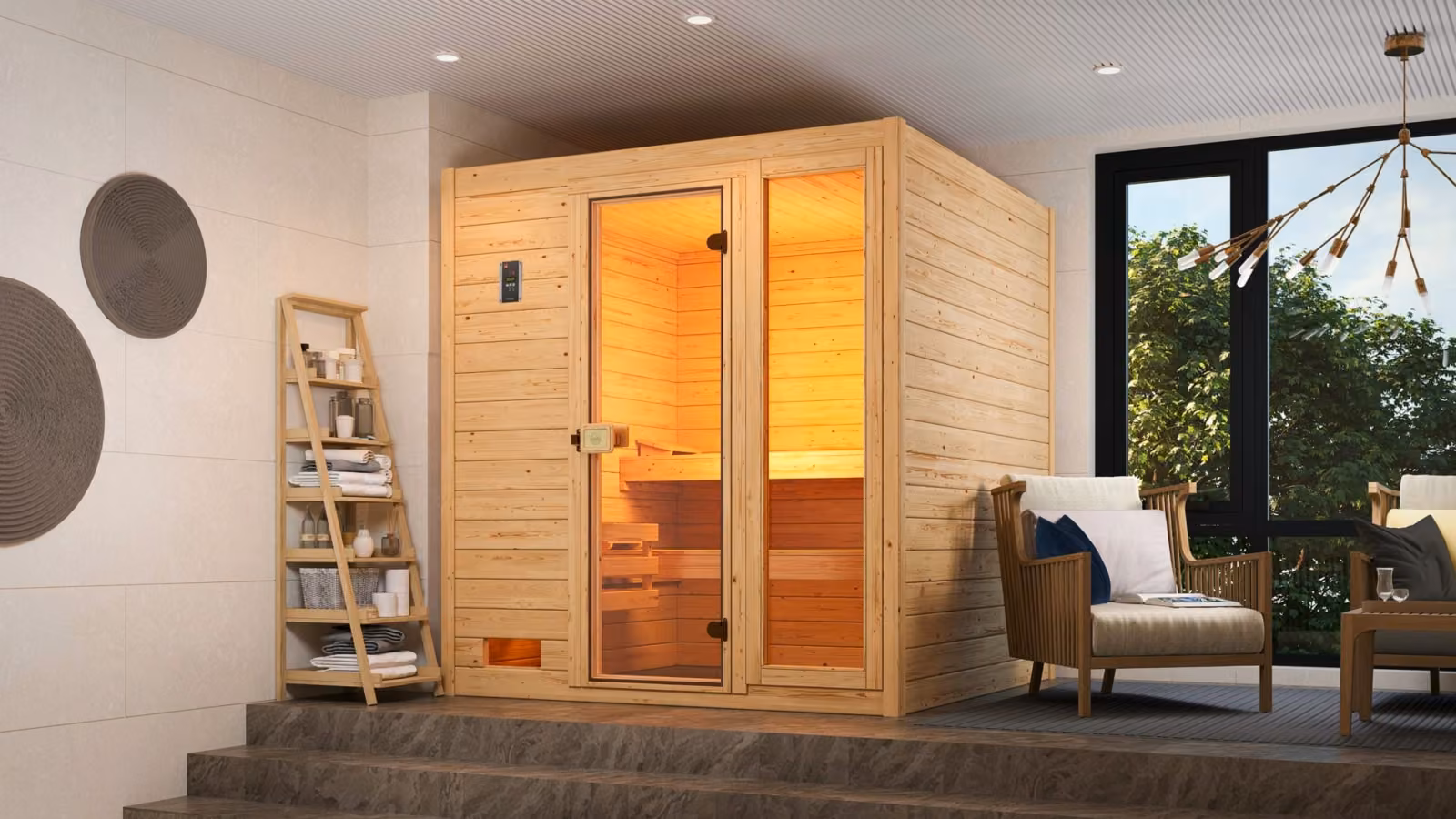 Sauna Weka Valida Plus im Wohnbereich mit Regal, Sesseln und Blick in den Garten