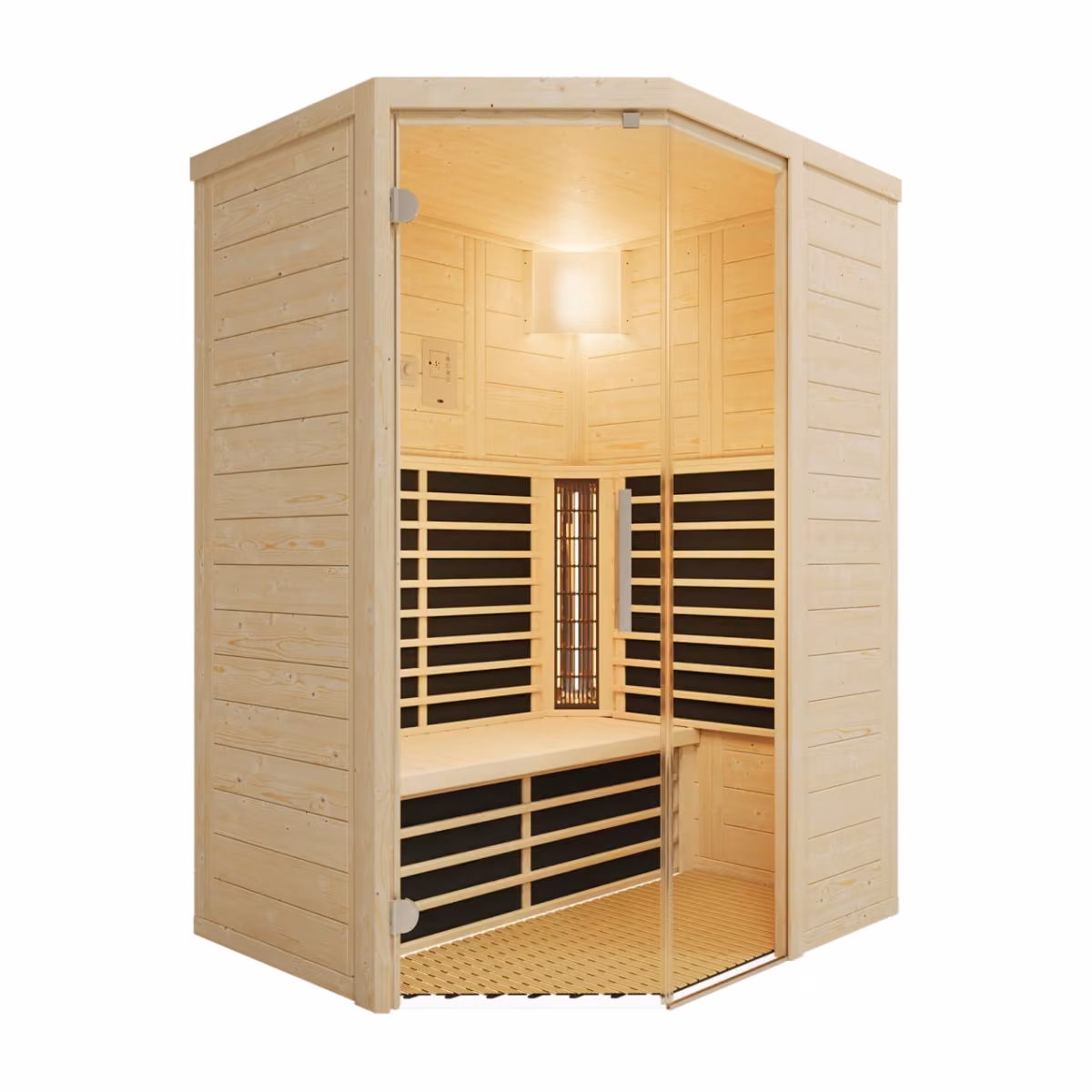 Infraworld Vario Natura 145 Ecke Infrarotkabine, Schrägansicht von links