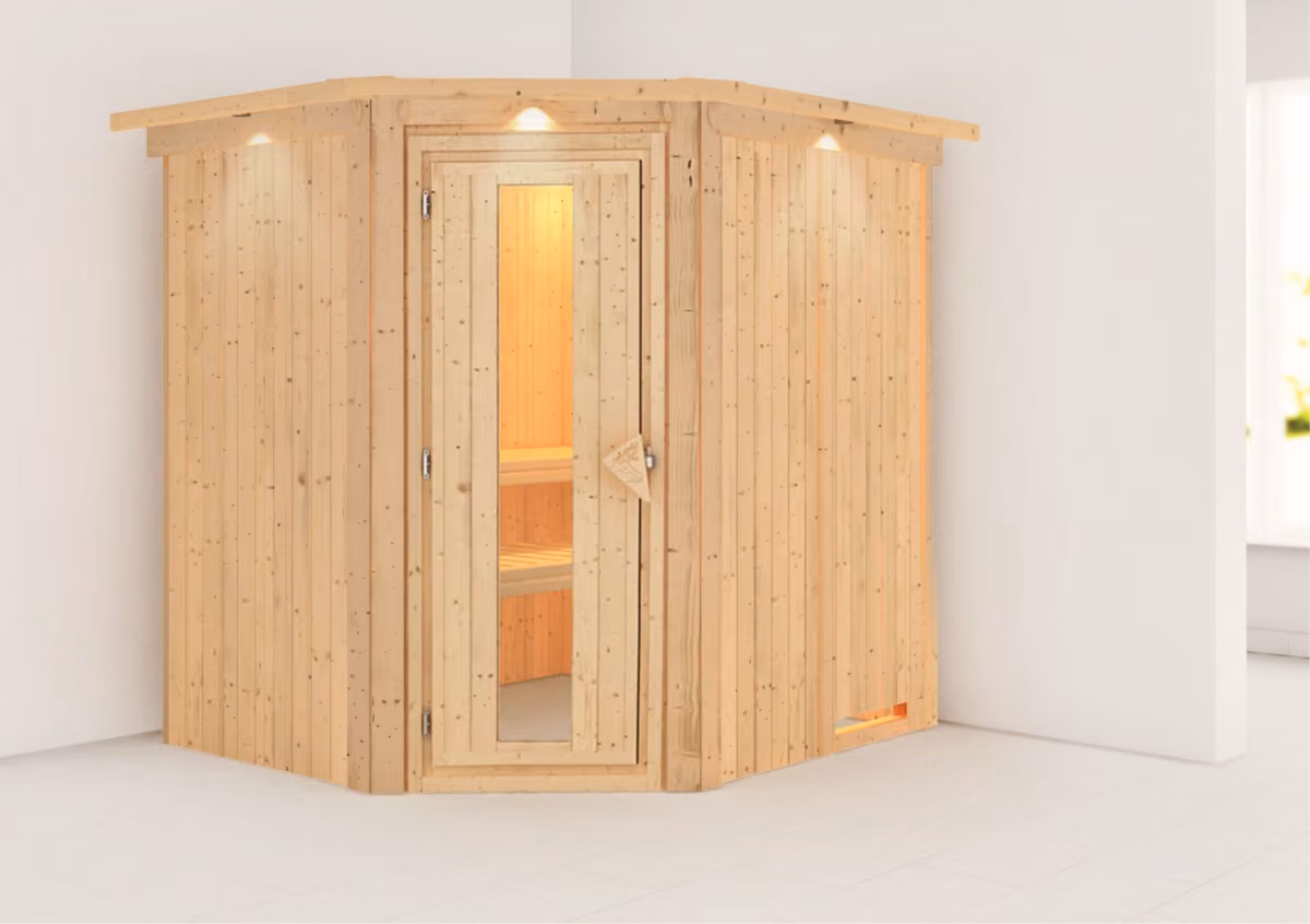 Karibu Sauna Lilja mit Licht-Dachkranz und Holztür mit Isolierglas, Außenansicht im Raum