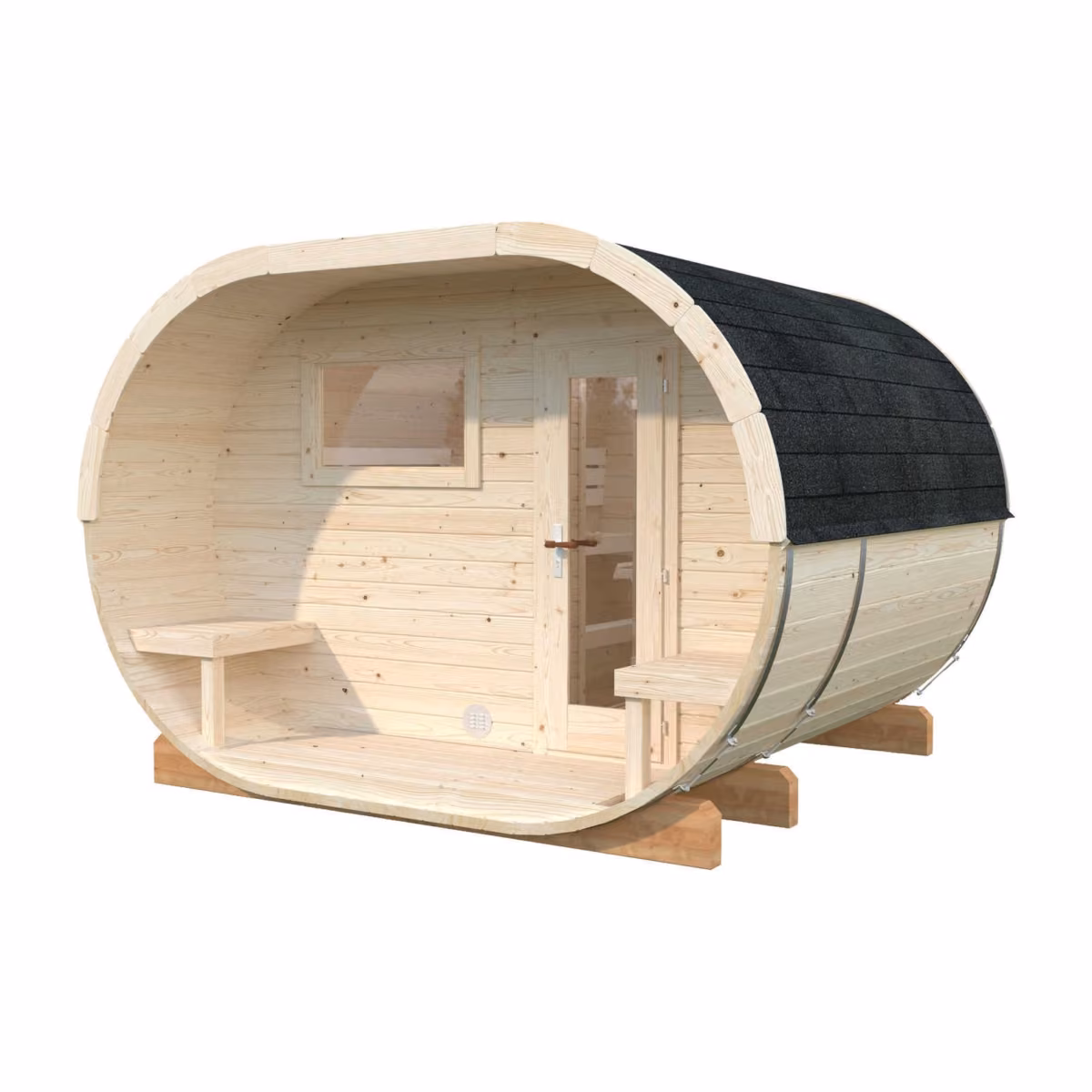 Palmako Fasssauna Anette 3,0 + 1,5 m², oval, Frontansicht mit Terrasse, Tür und Fenster