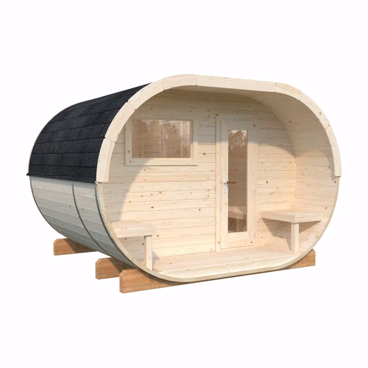 Palmako Fasssauna Anette, Ansicht von der anderen Seite mit Terrasse, Tür und Fenster