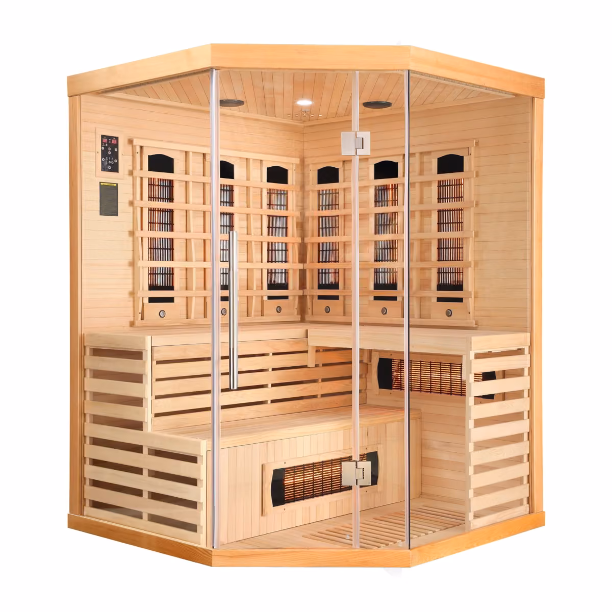 Sanotechnik Deluxe Infrarotkabine in Eckform für 3–4 Personen, Ansicht von vorn