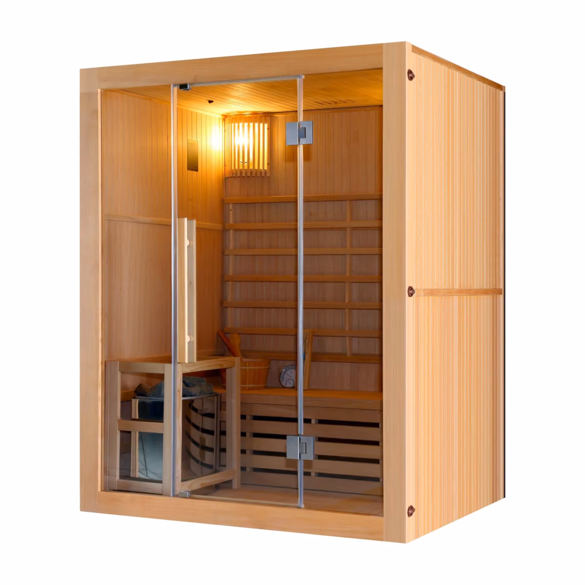 Sanotechnik Riga Finnische Sauna für 3 Personen, Schrägansicht mit Glasfront