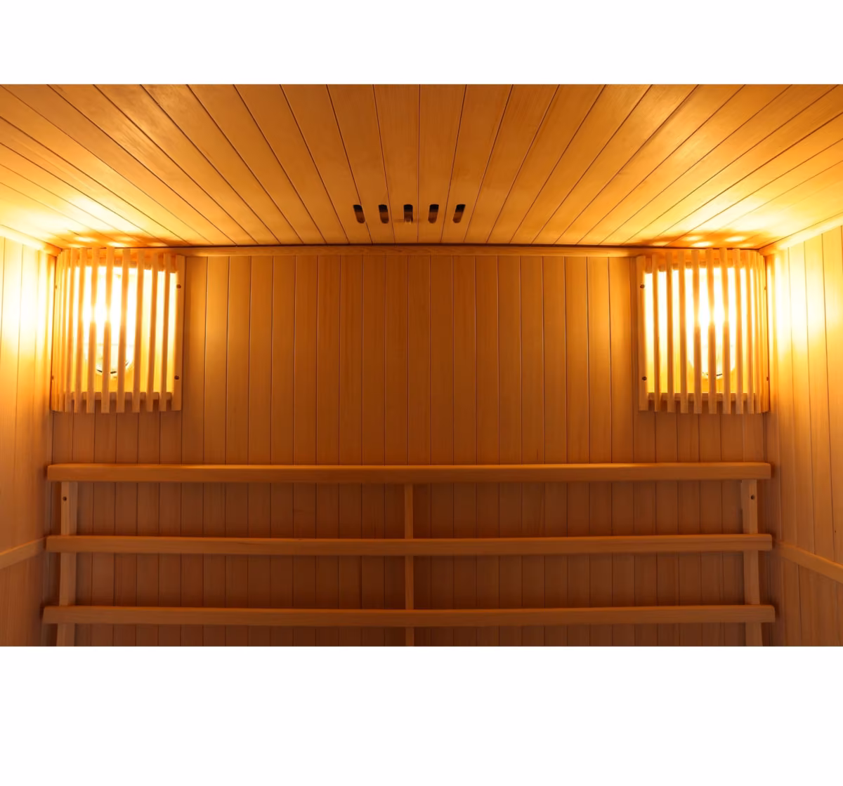 Sanotechnik Riga Finnische Sauna, Innenraum mit Sitzbank und Lampen