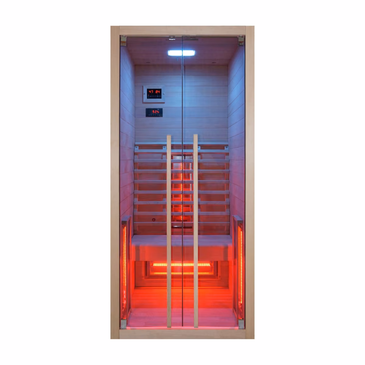 Sanotechnik Ruby 1 Infrarotkabine für 1 Person, Frontansicht mit LED-Farblicht