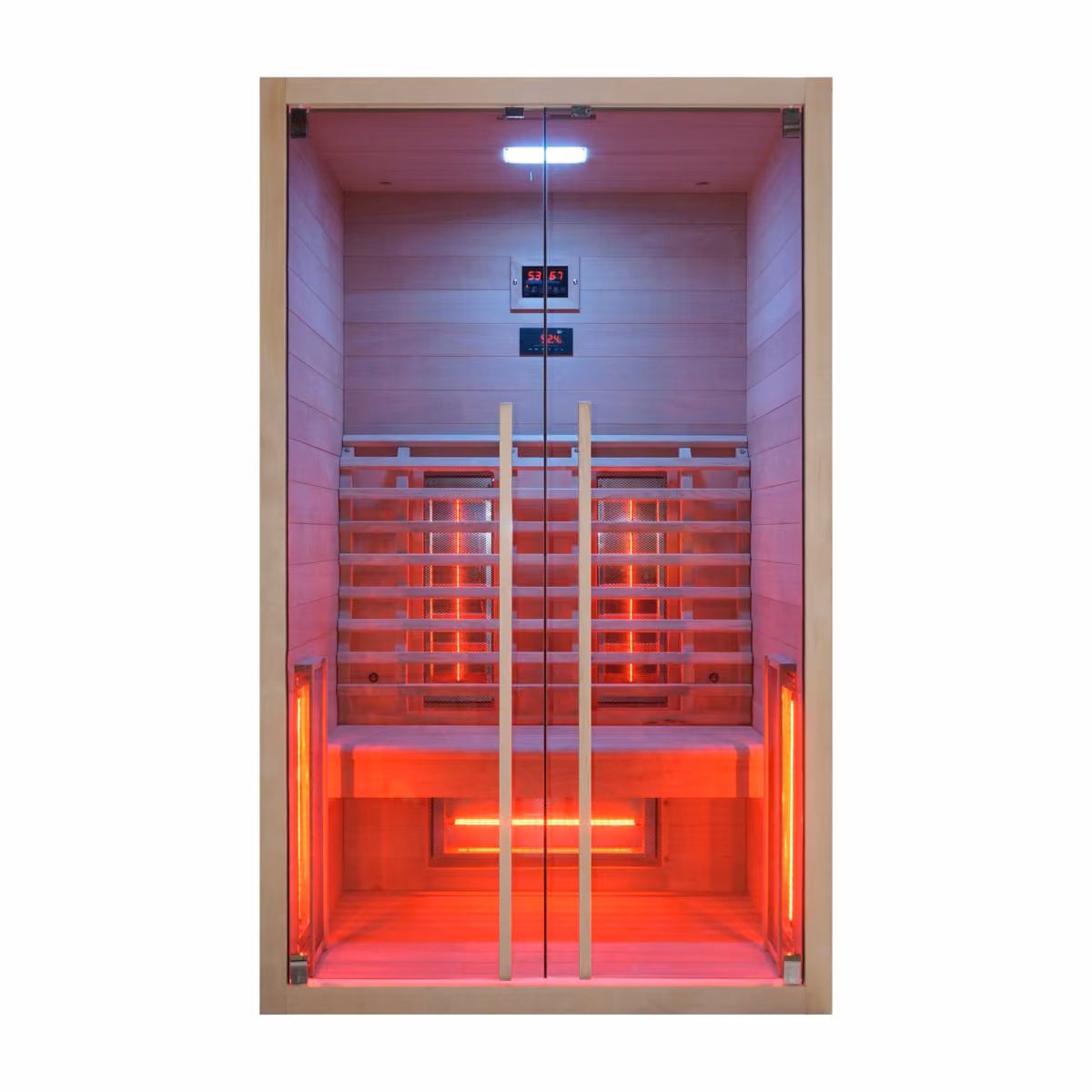 Sanotechnik Ruby 2 Infrarotkabine für 2 Personen, Frontansicht mit LED-Farblicht