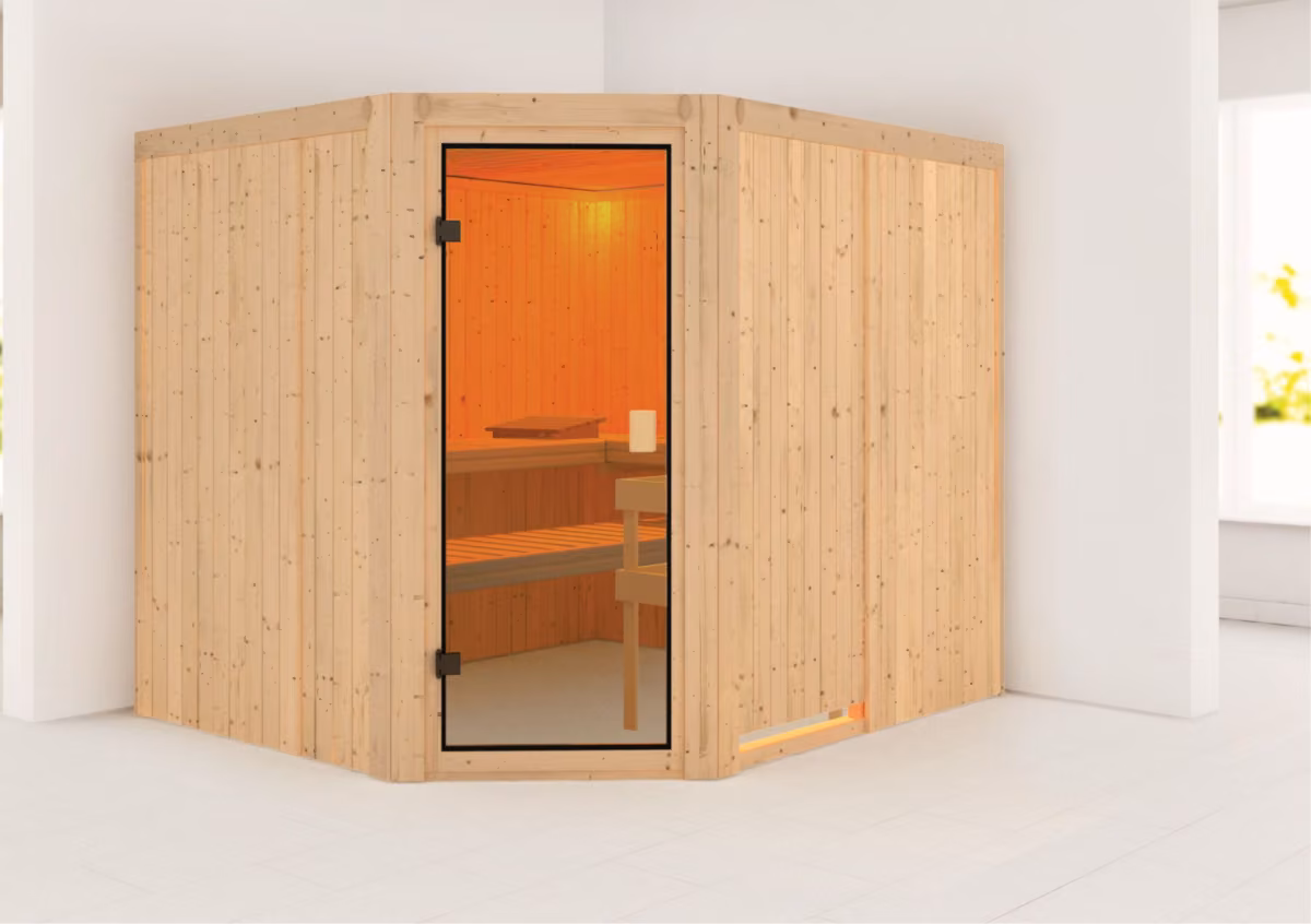 Woodfeeling Elementsauna Horna mit bronzierter Ganzglastür, Eckeinstieg