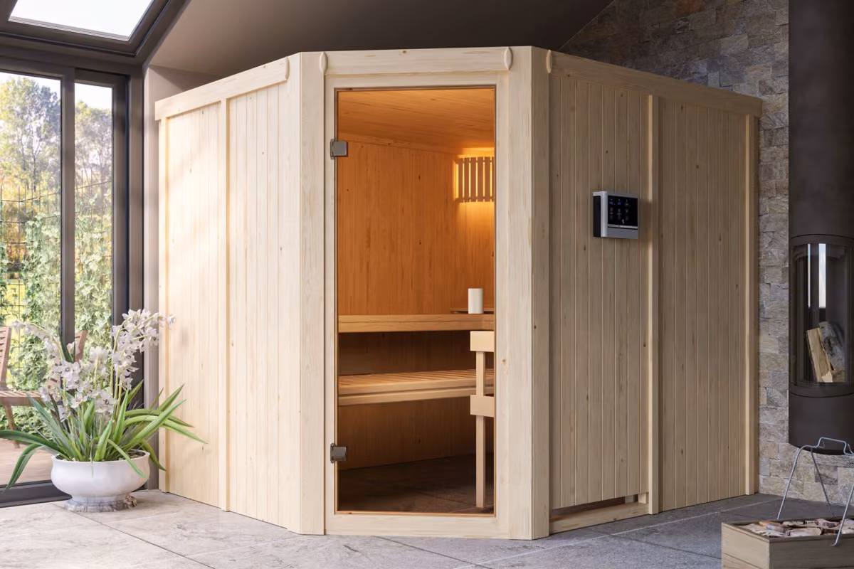 Woodfeeling Elementsauna Horna mit externem Steuergerät, Raumansicht