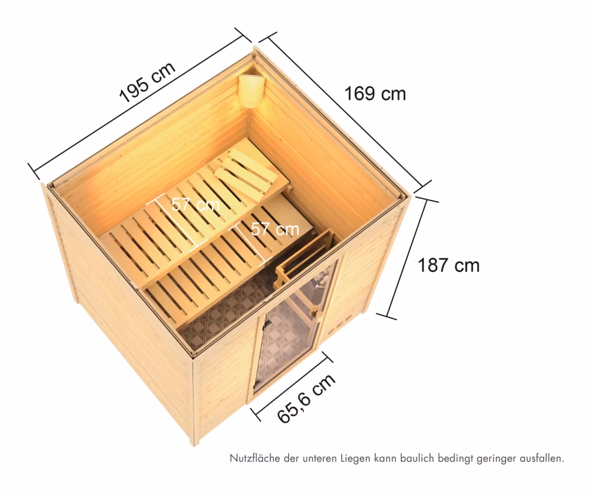 Woodfeeling Massivholzsauna Adelina, Maßzeichnung in der Draufsicht (Zeichnung)