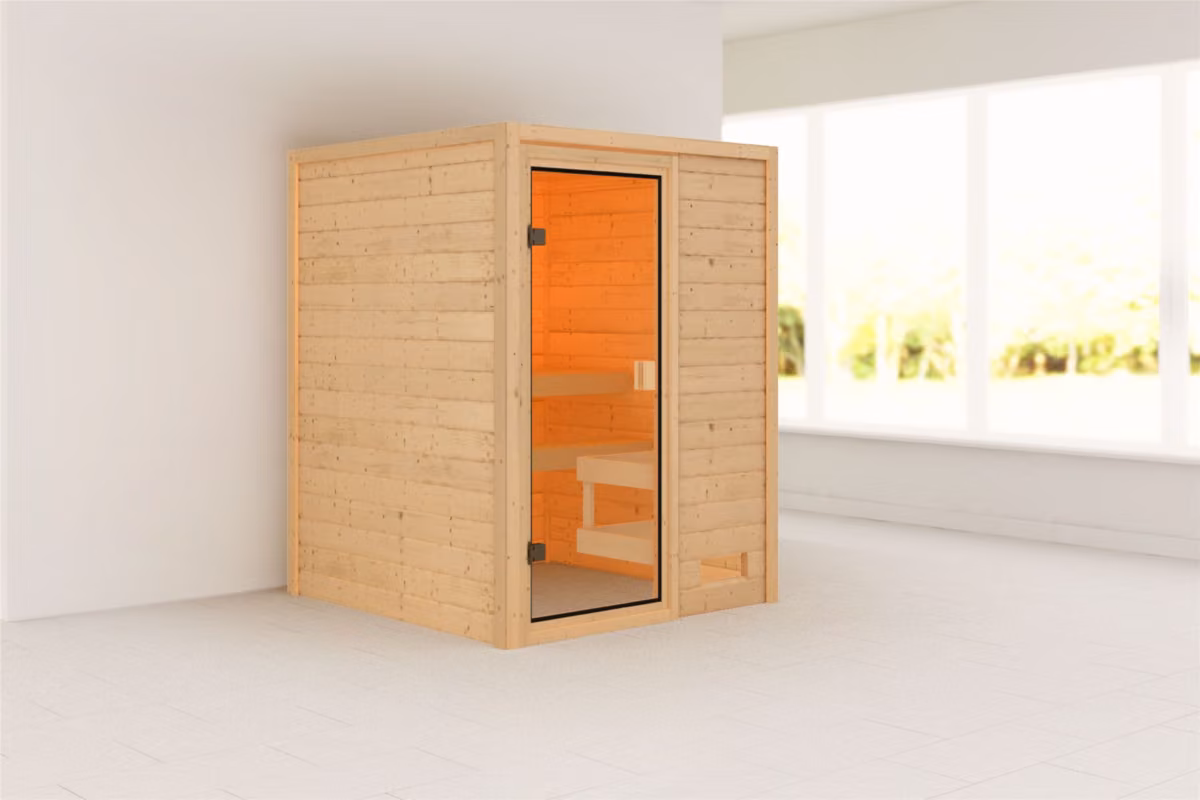 Woodfeeling Massivholzsauna Sandra mit bronzierter Ganzglastür, Schrägansicht