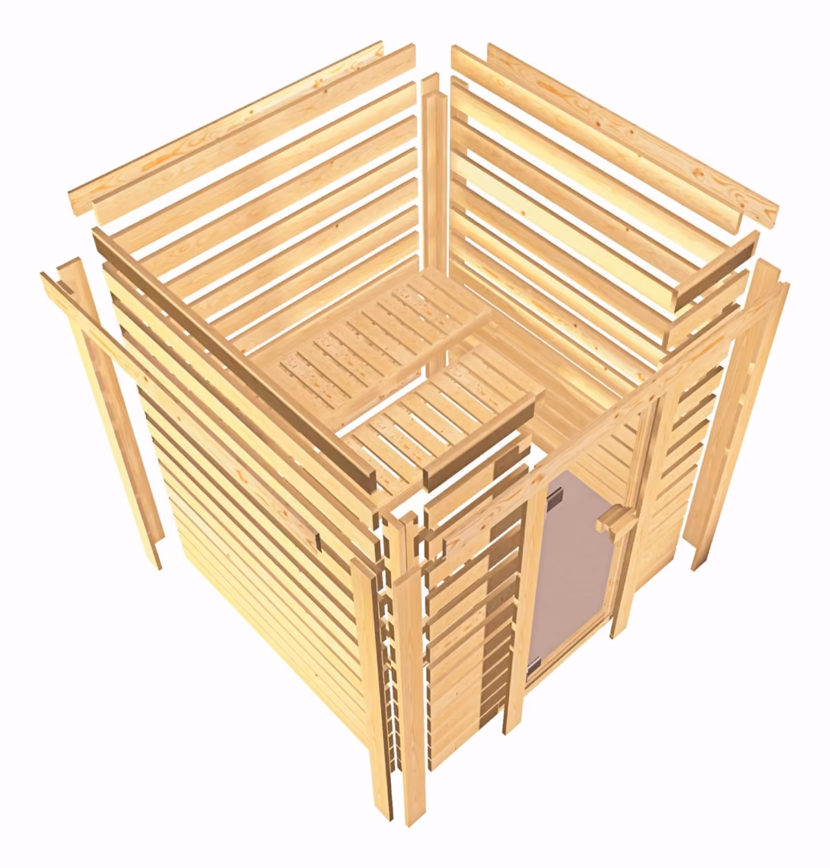 Woodfeeling Massivholzsauna 38 mm, Explosionsdarstellung der Bauweise – Baureihenbild (Zeichnung)