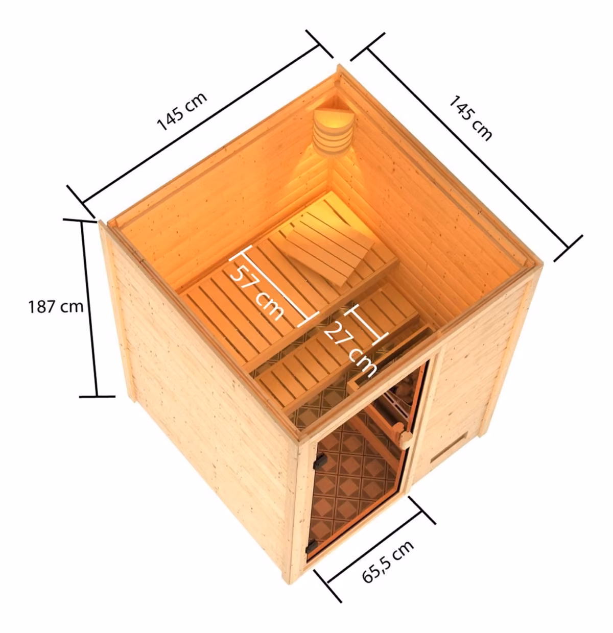 Woodfeeling Massivholzsauna Sandra, Maßzeichnung in der Draufsicht (Zeichnung)