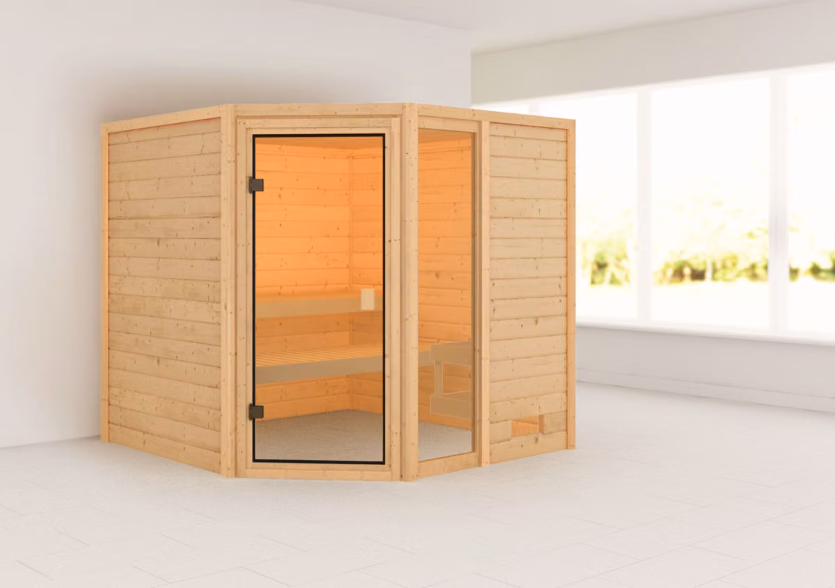 Woodfeeling Massivholzsauna Tabea mit Eckeinstieg und bronzierter Ganzglastür