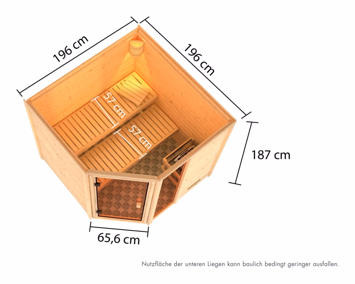 Woodfeeling Massivholzsauna Tabea, Maßzeichnung in der Draufsicht (Zeichnung)